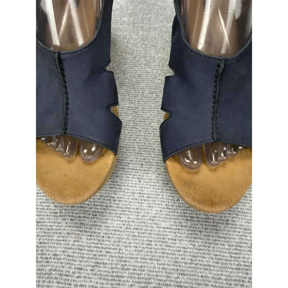 Clarks Collection Navy Blue Leather Cork Wedge Sandals‎ Womens 9.5 M